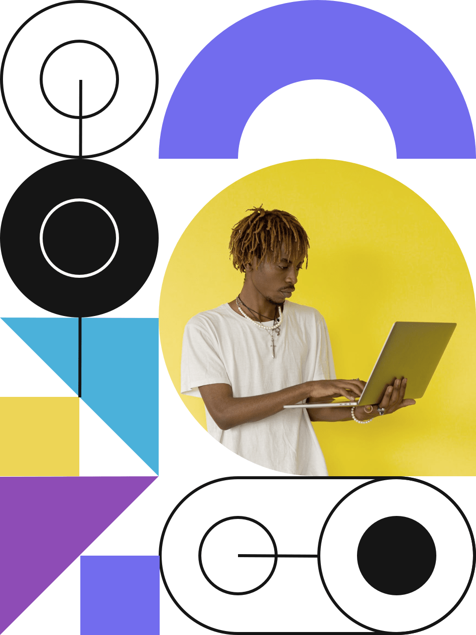 man using a notebook inside circle and semi-circle shapes