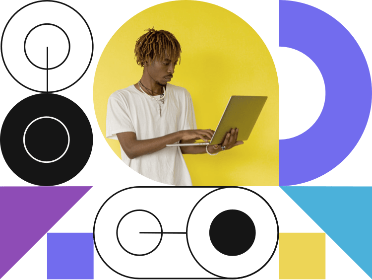 man using a notebook inside circle and semi-circle shapes